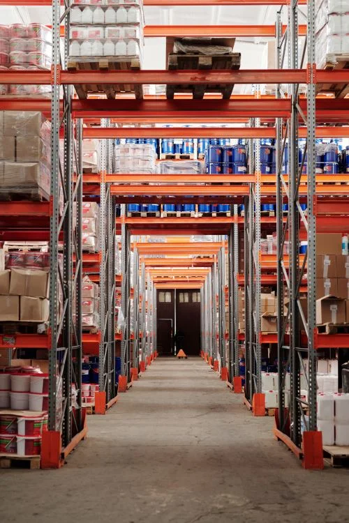 Storage racks and aisles inside a warehouse